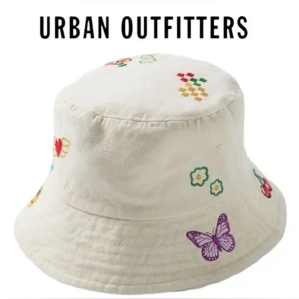 Urban Outfitters White Embroidered Butterfly & Floral Bucket Hat